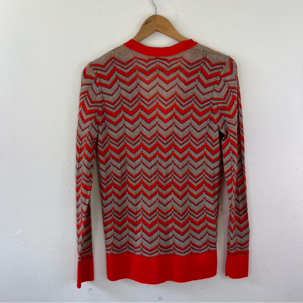 LOFT Orange Wool Blend Chevron Printed Lightweight Buttoned Cardigan Sweater - Picture 2 of 12